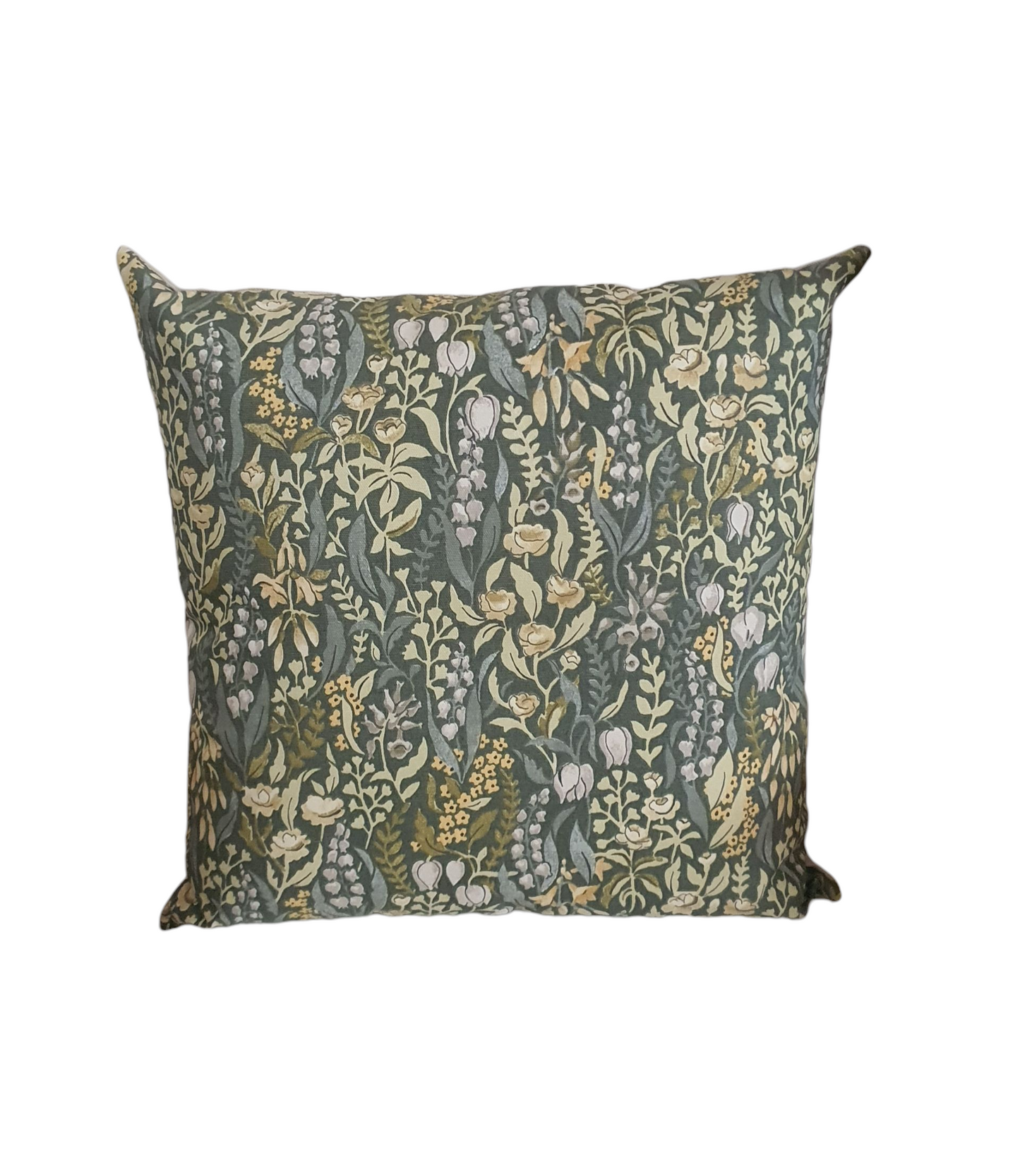 The hand made cushion cover is approximately 44cmx by 44cms with patterned front and complemented with plain fabric on the reverse and fastens with an enclosed zip