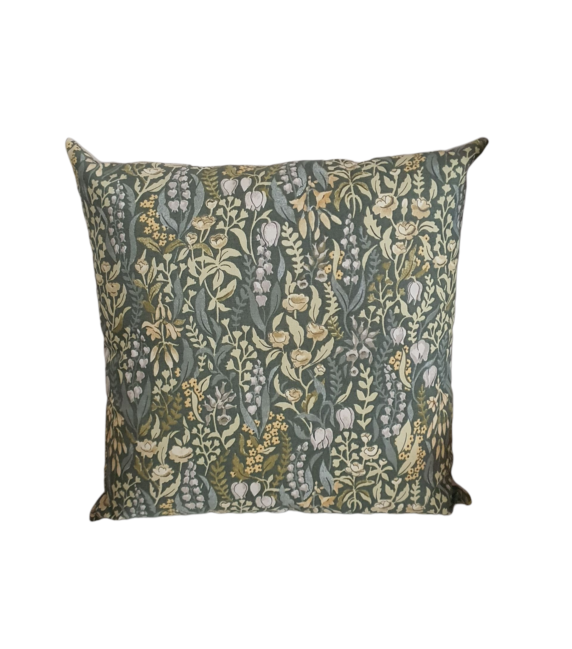 The hand made cushion cover is approximately 44cmx by 44cms with patterned front and complemented with plain fabric on the reverse and fastens with an enclosed zip