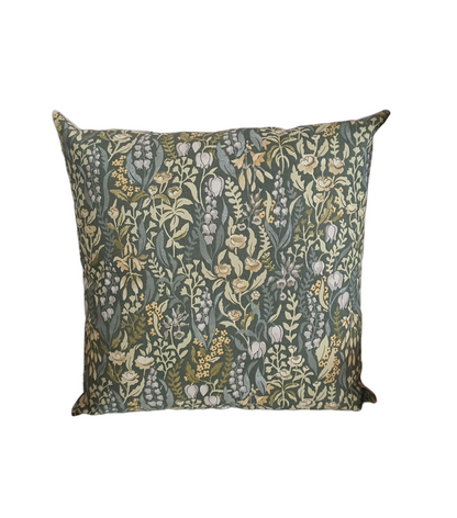 The hand made cushion cover is approximately 44cmx by 44cms with patterned front and complemented with plain fabric on the reverse and fastens with an enclosed zip