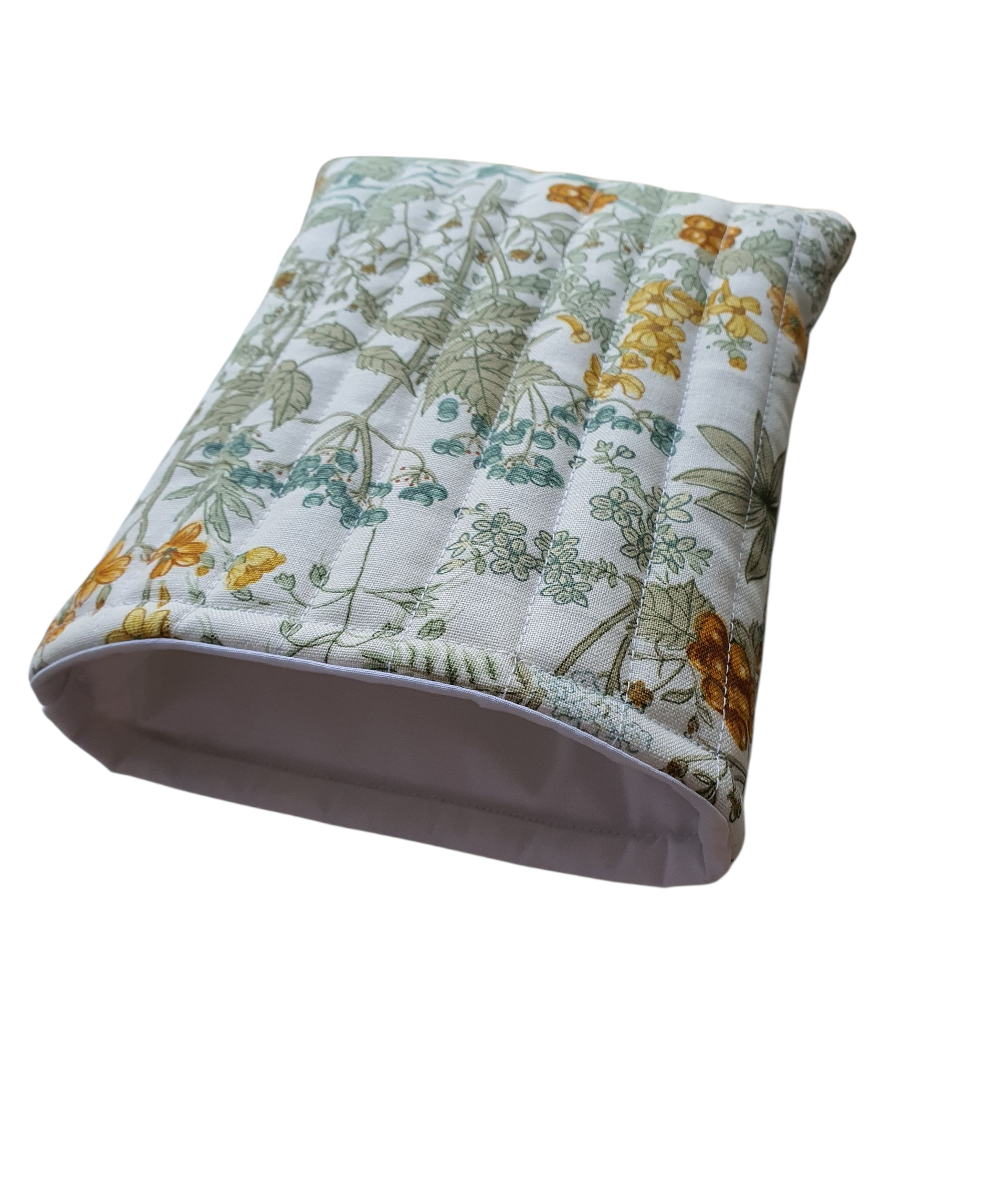 Handmade padded Book Pouch made with floral patterned fabric, padded with wadding and lined with complementing white fabric.