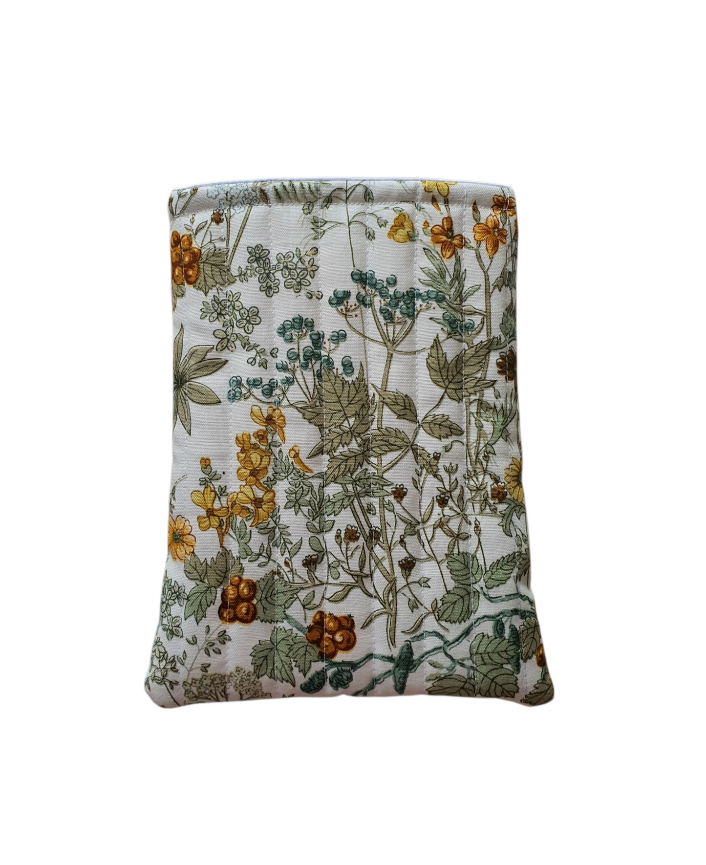 Handmade padded Book Pouch made with floral patterned fabric which has been quilted, as shown in the photo.  The Book Pouch is 16.5cms x 21.5cms.  The floral fabric is on both side of the Book Cover and is lined with white fabric.