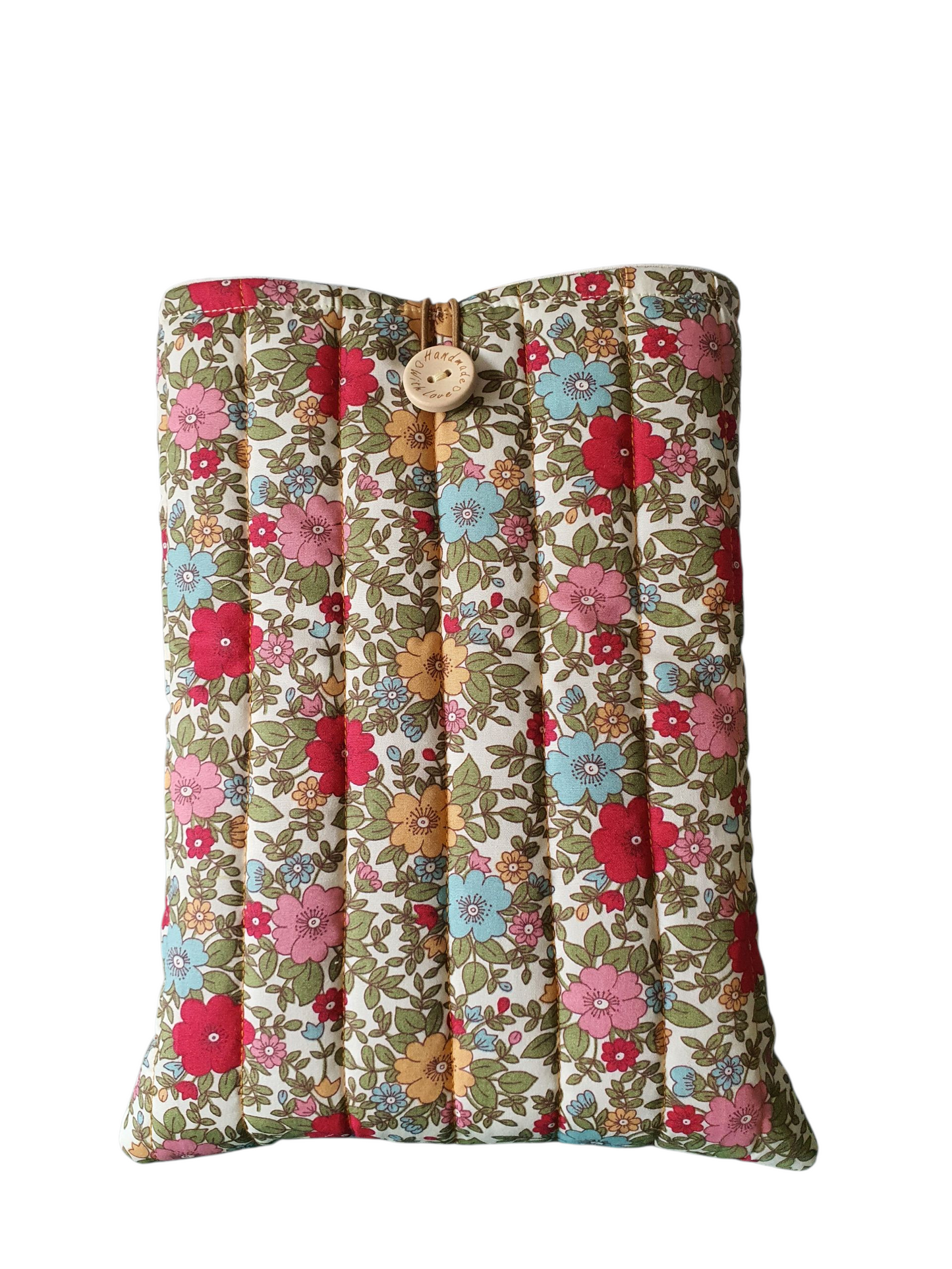 The handmade padded Book Cover is approximately 9 inches by 7 inches (23cms x 18cms) and will protect precious books from wear and tear whilst being carried on the go.