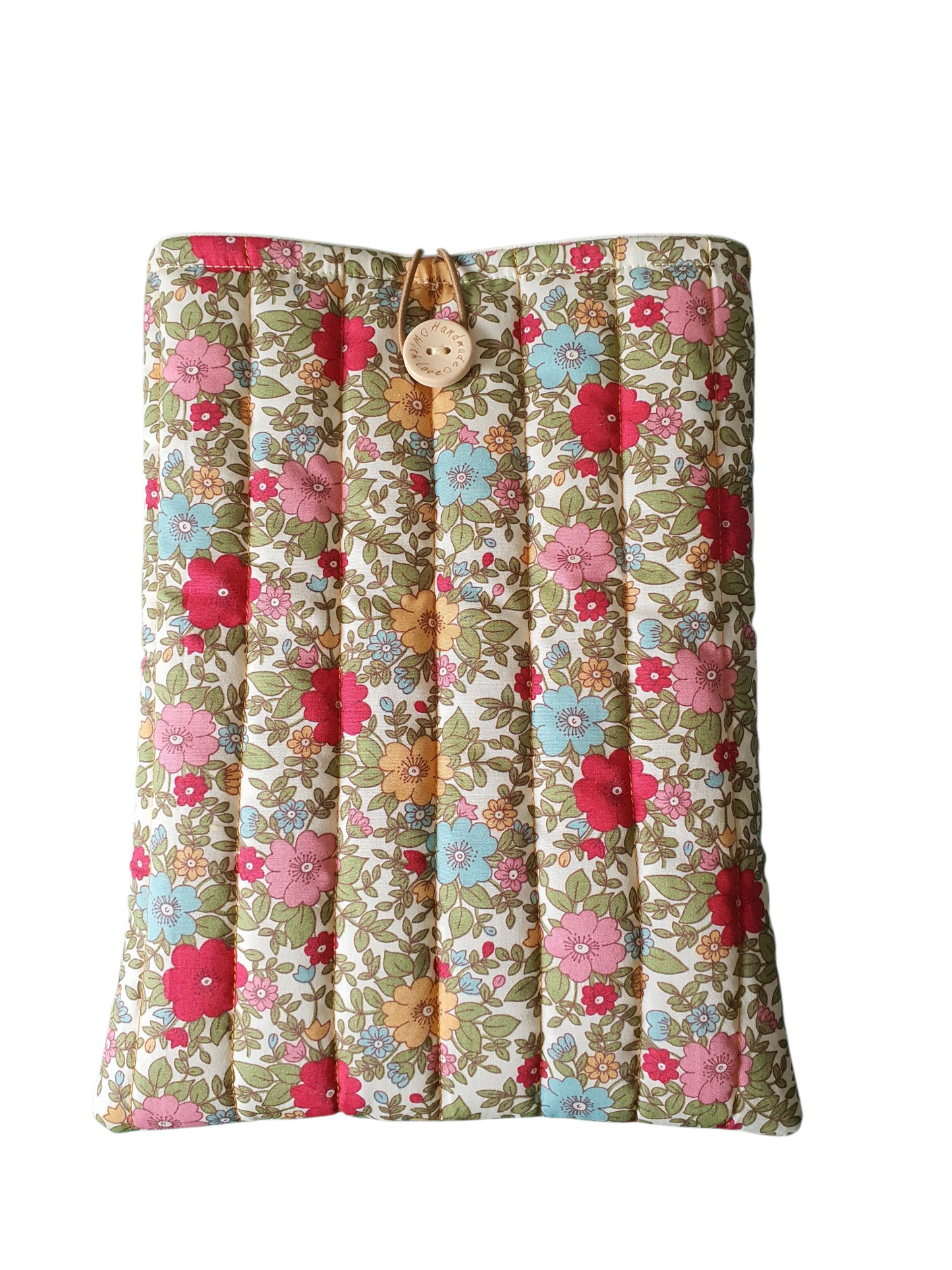 Handmade padded floral Book Pouch which has elastic and button closure.  This pretty Book Cover would be an ideal Book Lovers Gift.