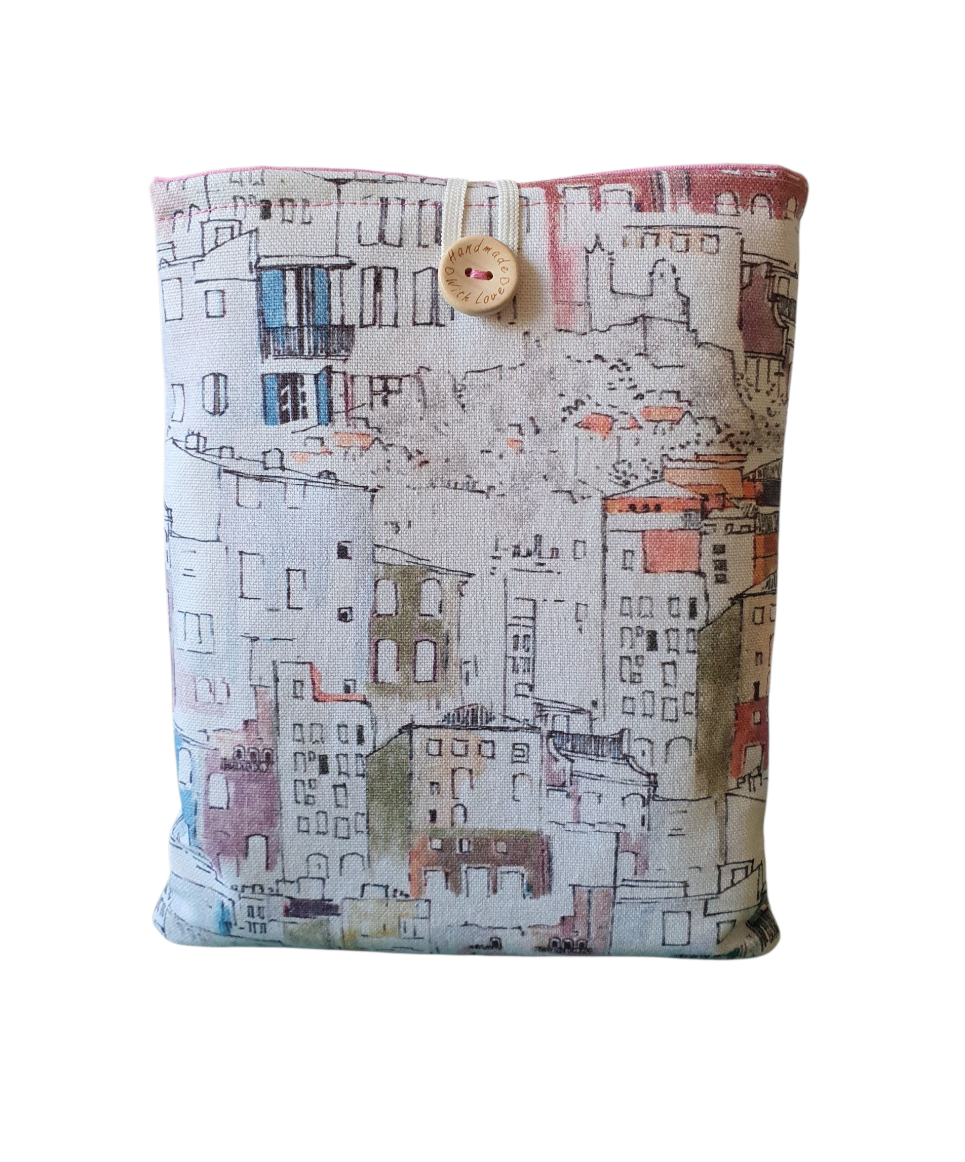 Handmade padded Book Pouch being an ideal book lovers gift.  The Book Pouch has been made with watercolour themed Italian houses fabric.