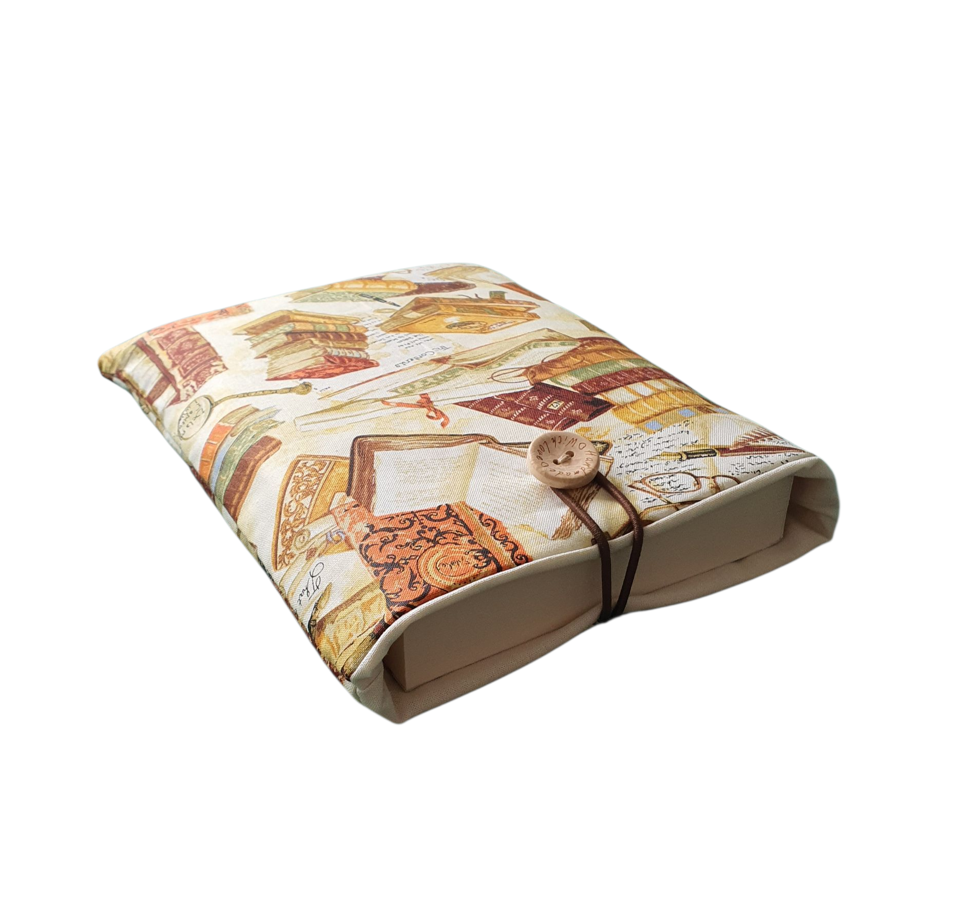The padded Book Cover has been made with lovely Library Books fabric, padded with soft fusible padding and lined with neutral fabric.  Please note the book in the photo is not included and is for illustrative purposes only.