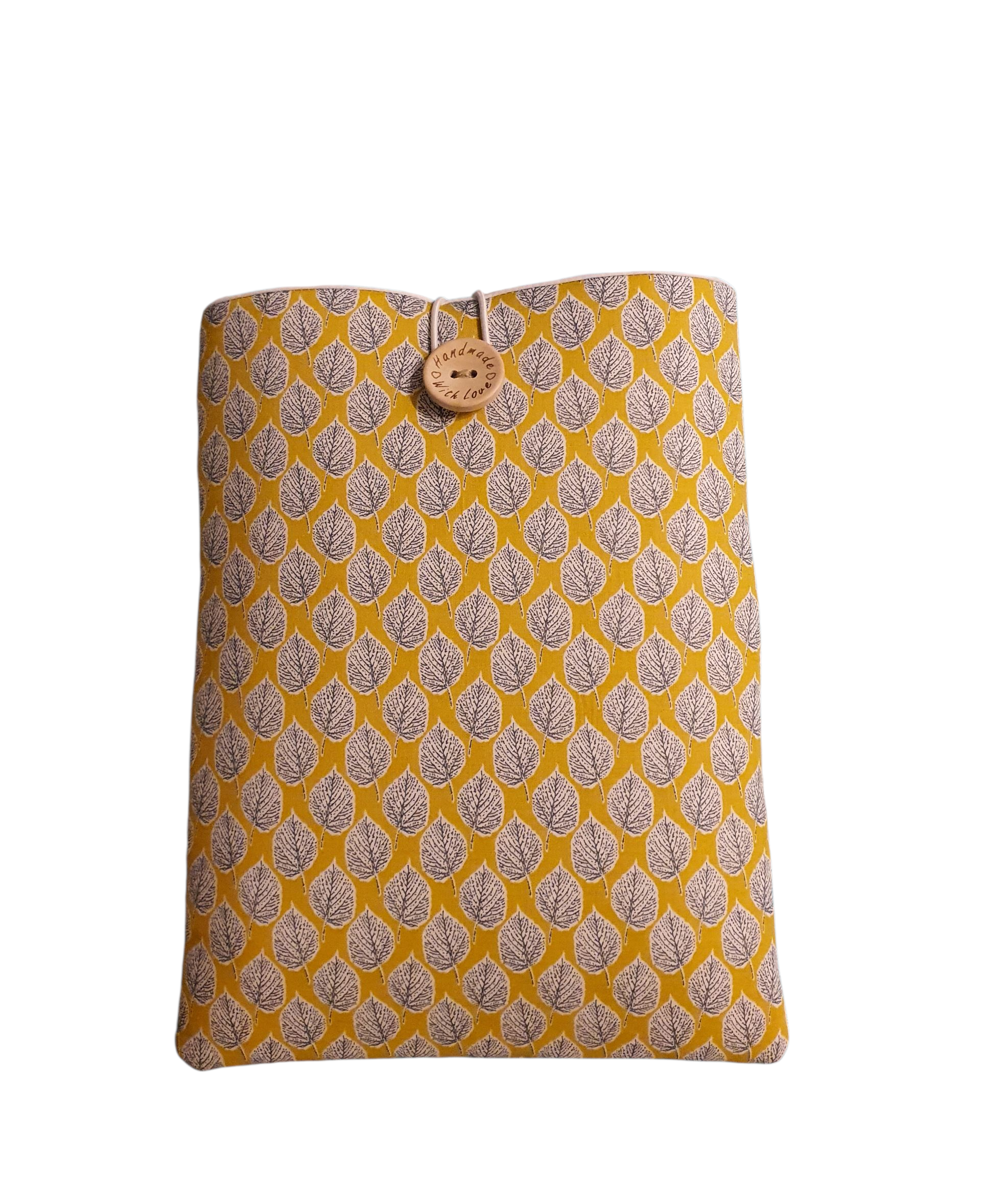 Handmade foam padded Book Pouch will protect books from wear and tear whilst being carried on the go.  An ideal Book Lovers Gift.  The fabric used has a monochrome leaf pattern on a yellow background and has elastic and button closure.