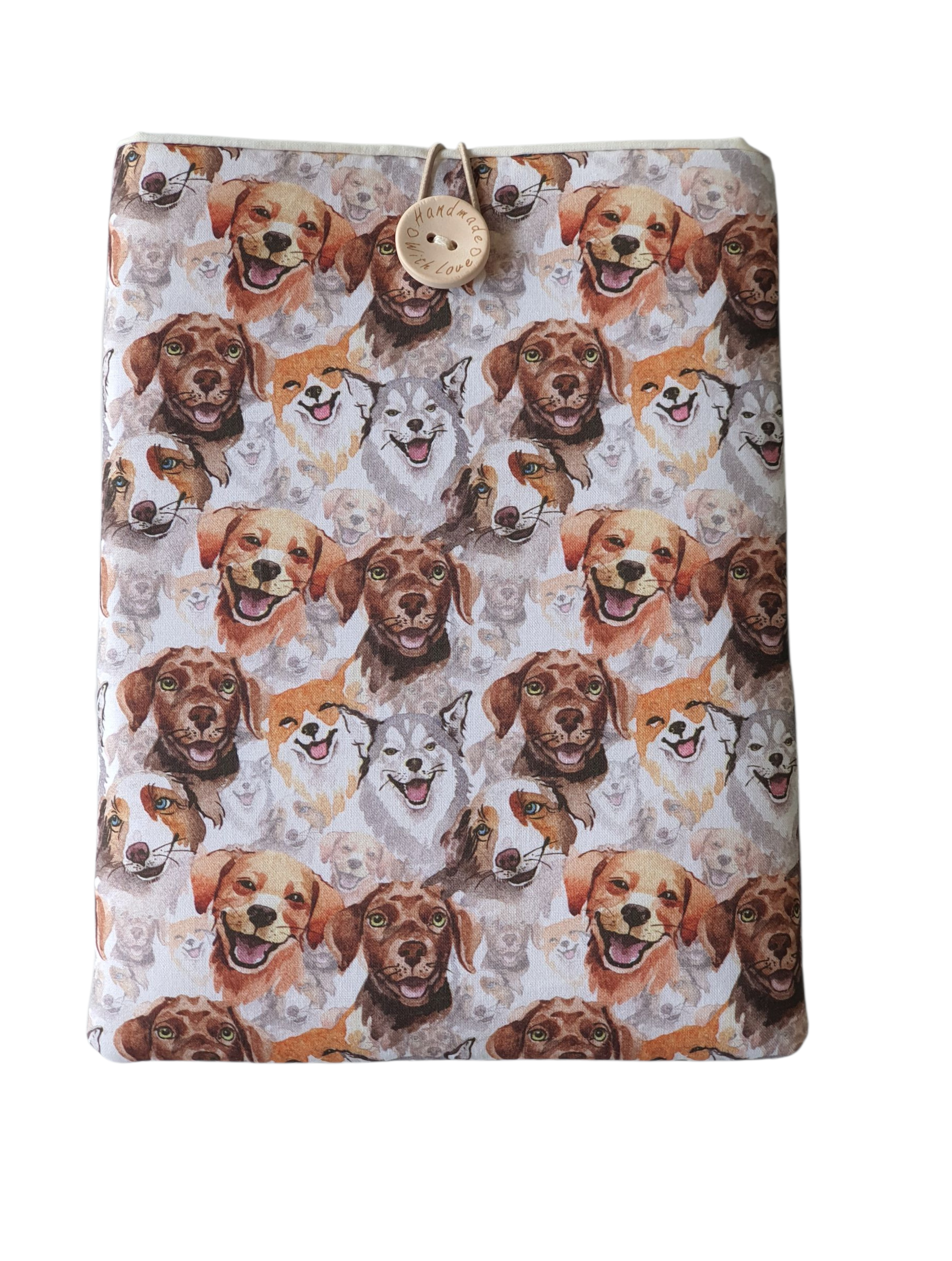 How cute are these happy smiling dogs on the fabric used to made the handmade padded Book Pouch.  The love of dogs and the love of books in one gift idea.