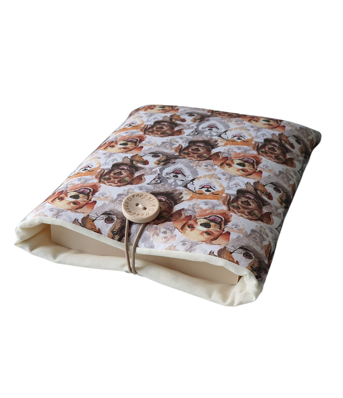 The handmade Book Cover is padded with foam, lined with neutral fabric and has elastic and button closure.  Please note the book is for illustrative purposes only and is not included.