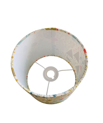 A view of drum lampshade looking from the top of the shade towards the fitting for a lamp.