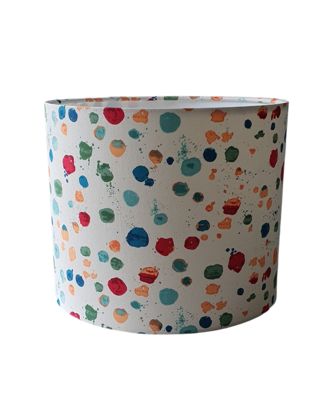 Handmade 25cm drum lampshade made with multicolour Splat Paintbox fabric.