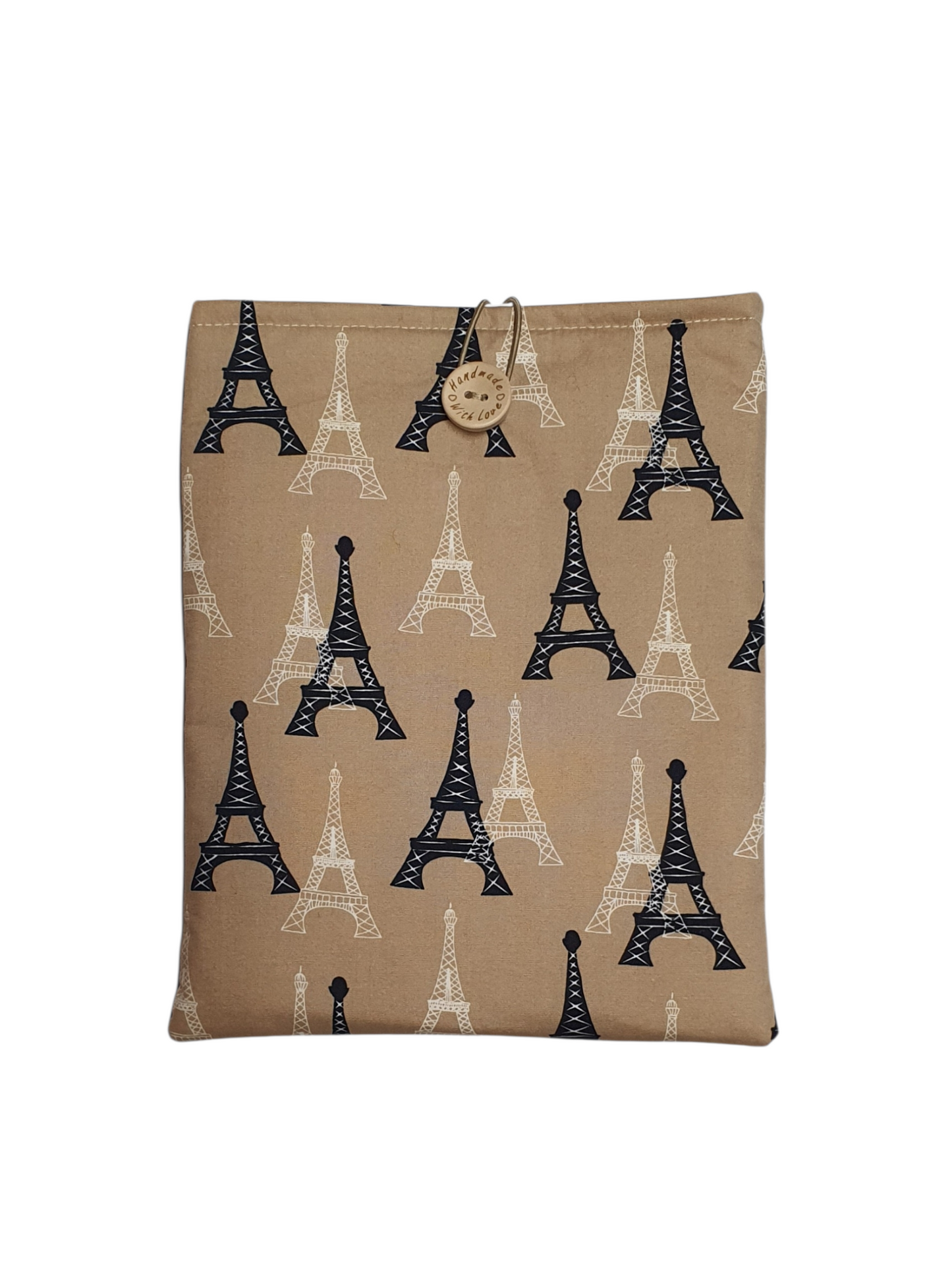 Handmade padded Book Pouch made with Eiffel Tower patterned fabric.