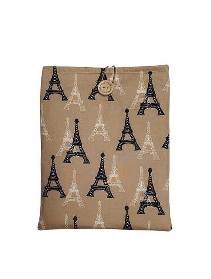 Handmade padded Book Pouch made with Eiffel Tower patterned fabric.