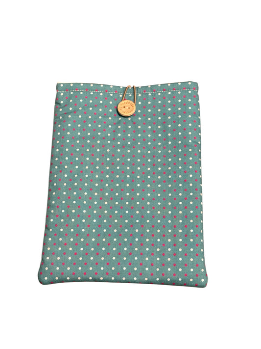 Handmade padded Book Pouch made with polka dot pattern on a teal background fabric.  The handmade Book Cover is approximately 20.5cms x 16cms and would also protect a Kindle/e-Reader but check the measurement of your device prior to placing an order.
