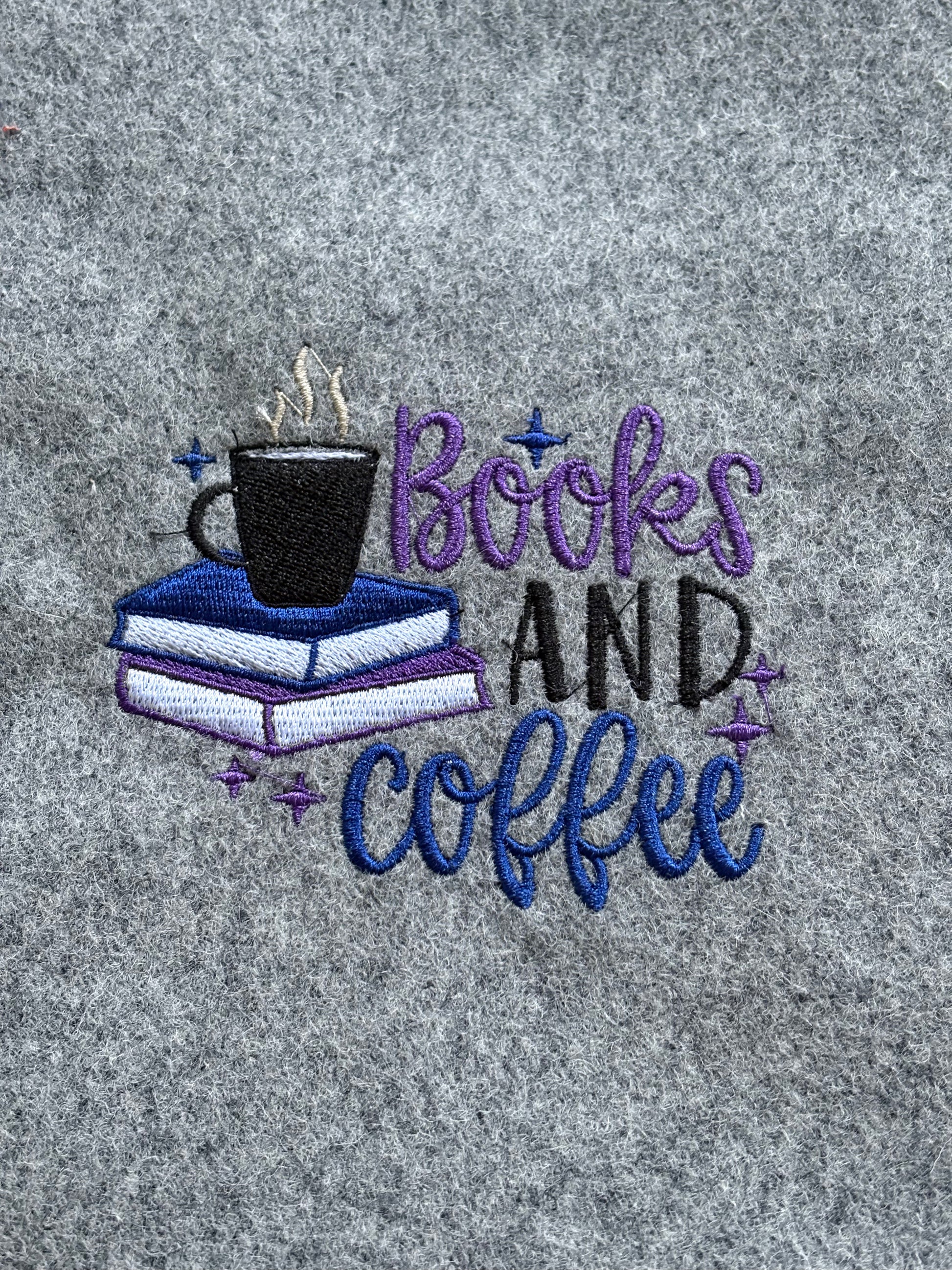 A close up of the embroidered pattern on the front of the Book Pouch.