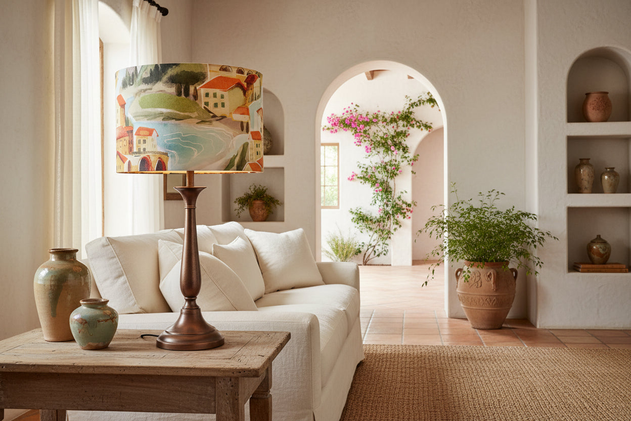 A different view of the Italian Villa fabric and this photo indicates how the shade would look on a lamp base in a room setting.
