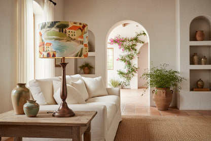 A different view of the Italian Villa fabric and this photo indicates how the shade would look on a lamp base in a room setting.