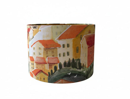 Another view of the colourful Italian Villa Sunset fabric used to make this 30cm drum lampshade.