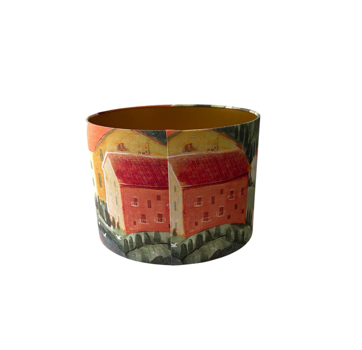 The rear of the drum lampshade which shows the join.  Please note it depends on the pattern placement and pattern repeat as to how the pattern is placed at the join.  The brushed gold lining can also be seen in this photo.  