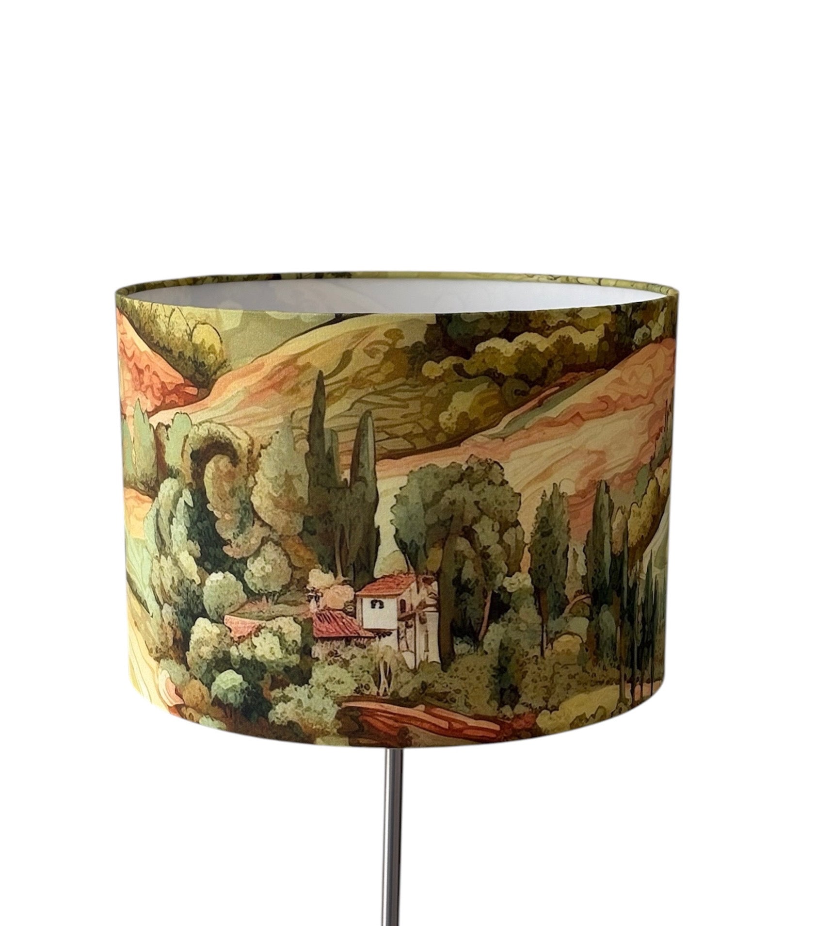 Handmade and hand rolled 30cm drum lampshade made with stunning Tuscany landscape patterned fabric.