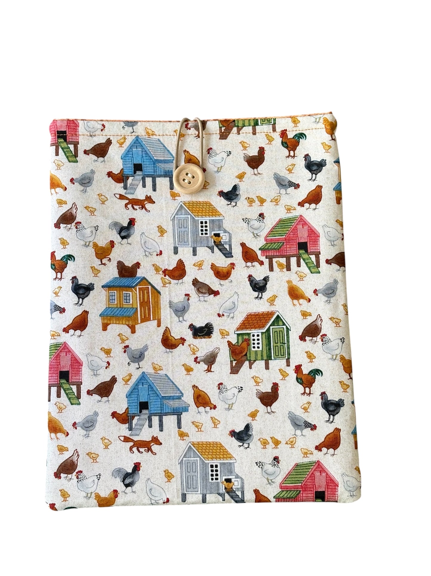 The handmade Book Pouch has elastic and neutral button fastening.