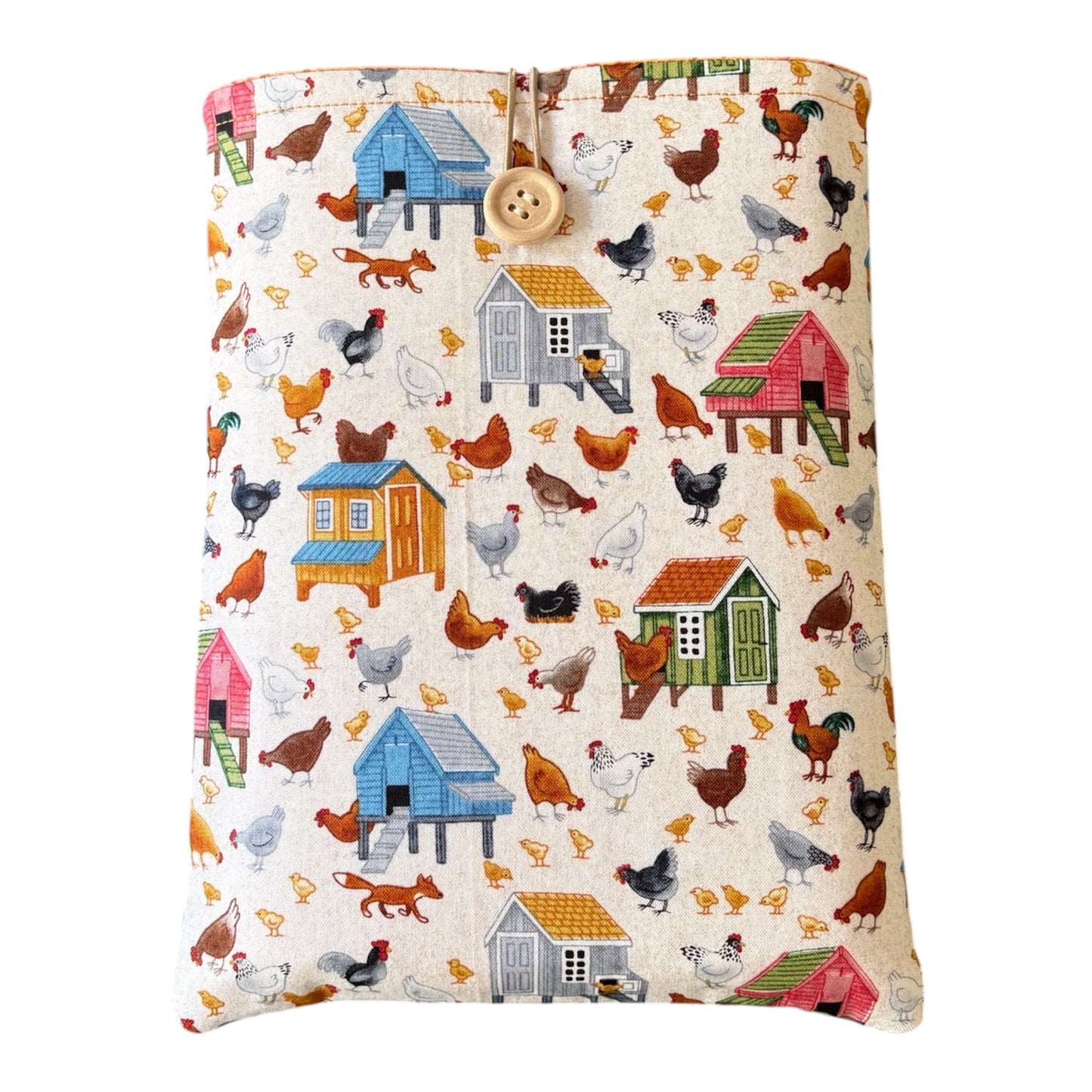 Handmade padded Book Pouch made with colourful Village Life fabric.  The handmade Book Cover is approximately 23cms x 18cms and will be an ideal Book Lovers Gift or for you if you are a bookworm.