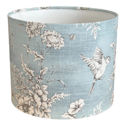 Handmade 25cm Blue Finch Toile Lampshade, Drum Lampshade, Floral Birds Blue Lampshade