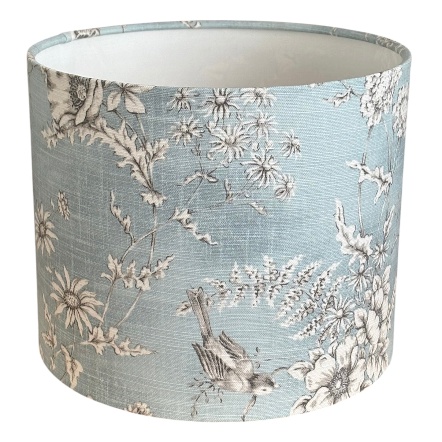 Handmade 25cm Blue Finch Toile Lampshade, Drum Lampshade, Floral Birds Blue Lampshade
