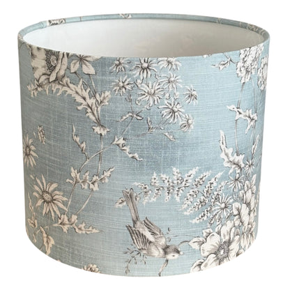 Handmade 25cm Blue Finch Toile Lampshade, Drum Lampshade, Floral Birds Blue Lampshade