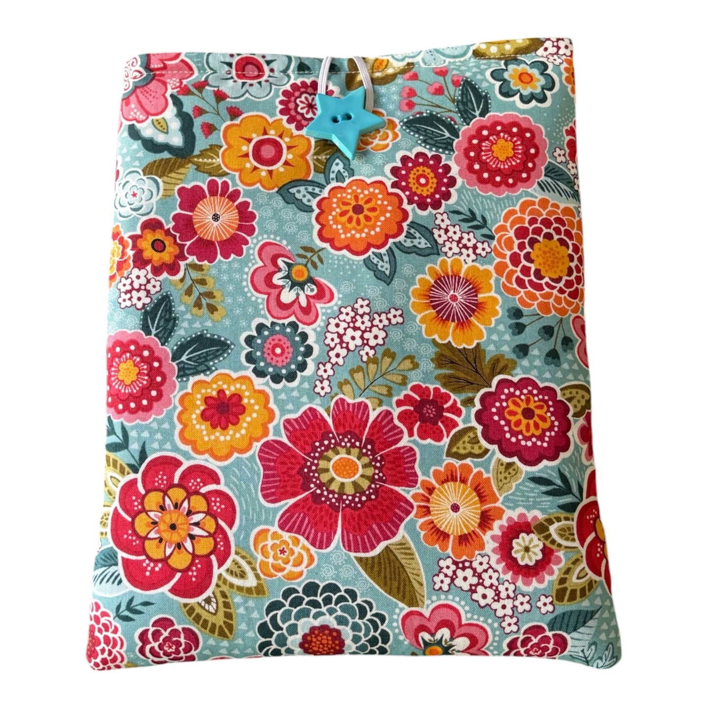The padded Book Pouch fastens with elastic and a teal coloured button which complements the colours in the fabric.