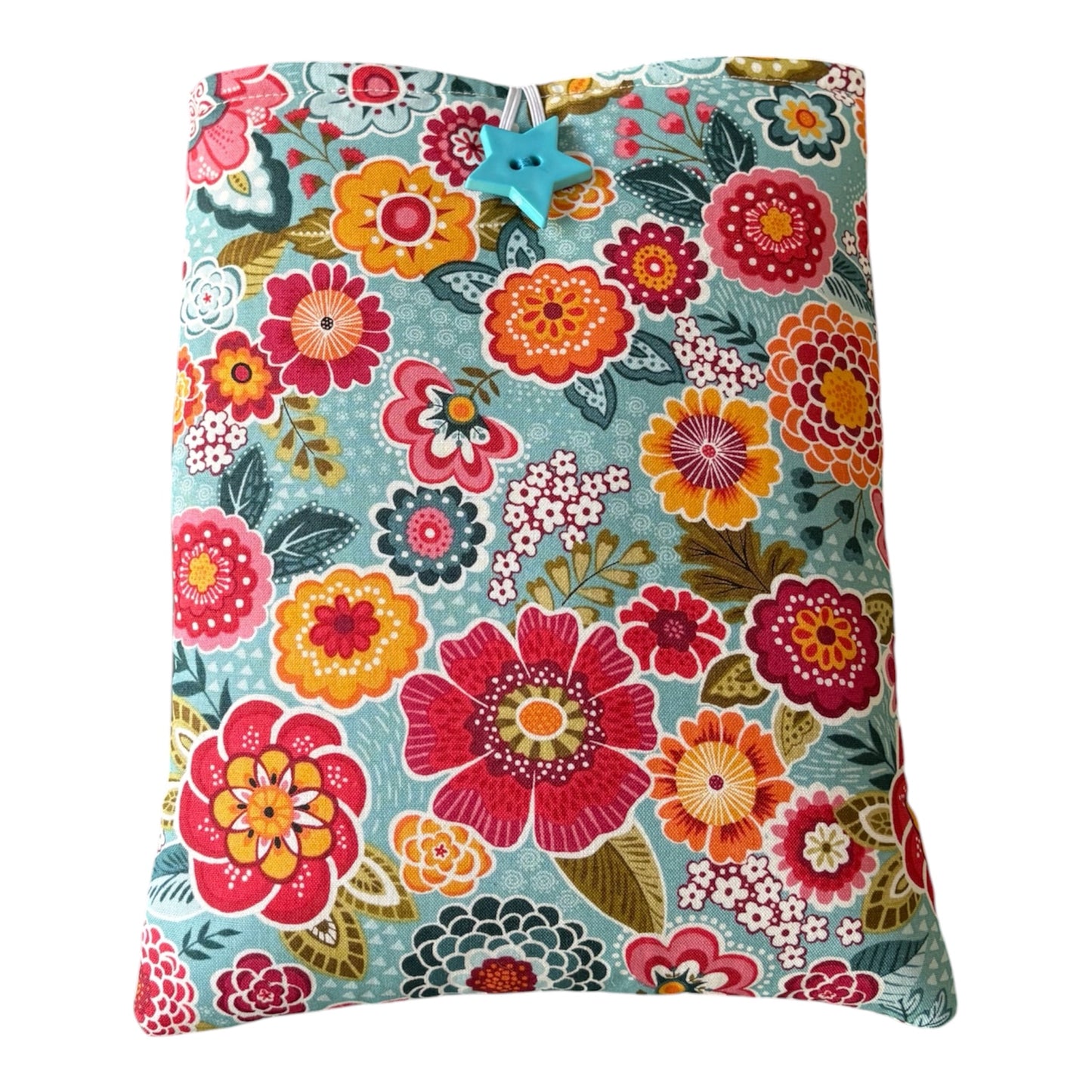 Handmade padded Floral Book Pouch, being an ideal Book Lovers Gift to protect books from wear and tear whilst being carried on the go.