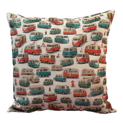 Handmade zipped square cushion cover made with retro style campervan patterned fabric.  The cushion cover is approximately 44cms x 44cms and fastens with an enclosed zip in the reverse of the cushion cover.  Please note the listing is for the cushion cover only and does not include the cushion insert.