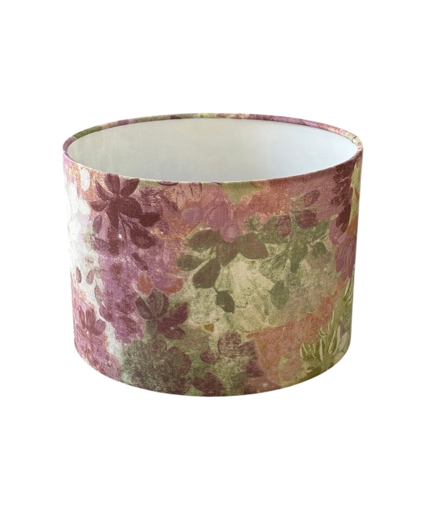 Handmade floral drum lampshade made with Prestigious Textiles Claude fabric.