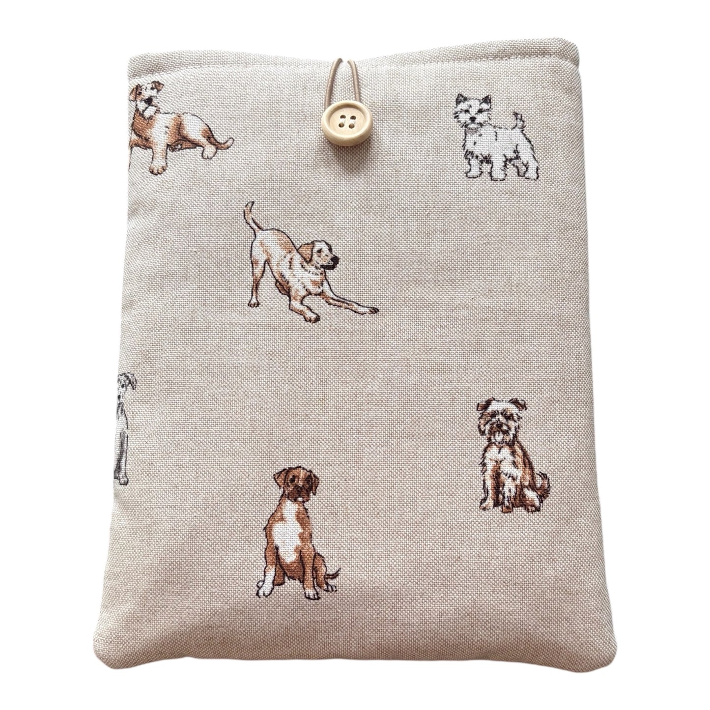 Handmade padded Book Pouch made with dog patterned fabric would be an ideal Book Lovers Gift.  This would also be an ideal gift for a dog lover who loves to read.  The dog patterned fabric is also on the back of the Book Cover.