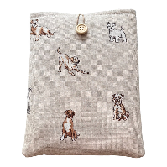 Handmade padded Book Pouch made with dog patterned fabric would be an ideal Book Lovers Gift.  This would also be an ideal gift for a dog lover who loves to read.  The dog patterned fabric is also on the back of the Book Cover.