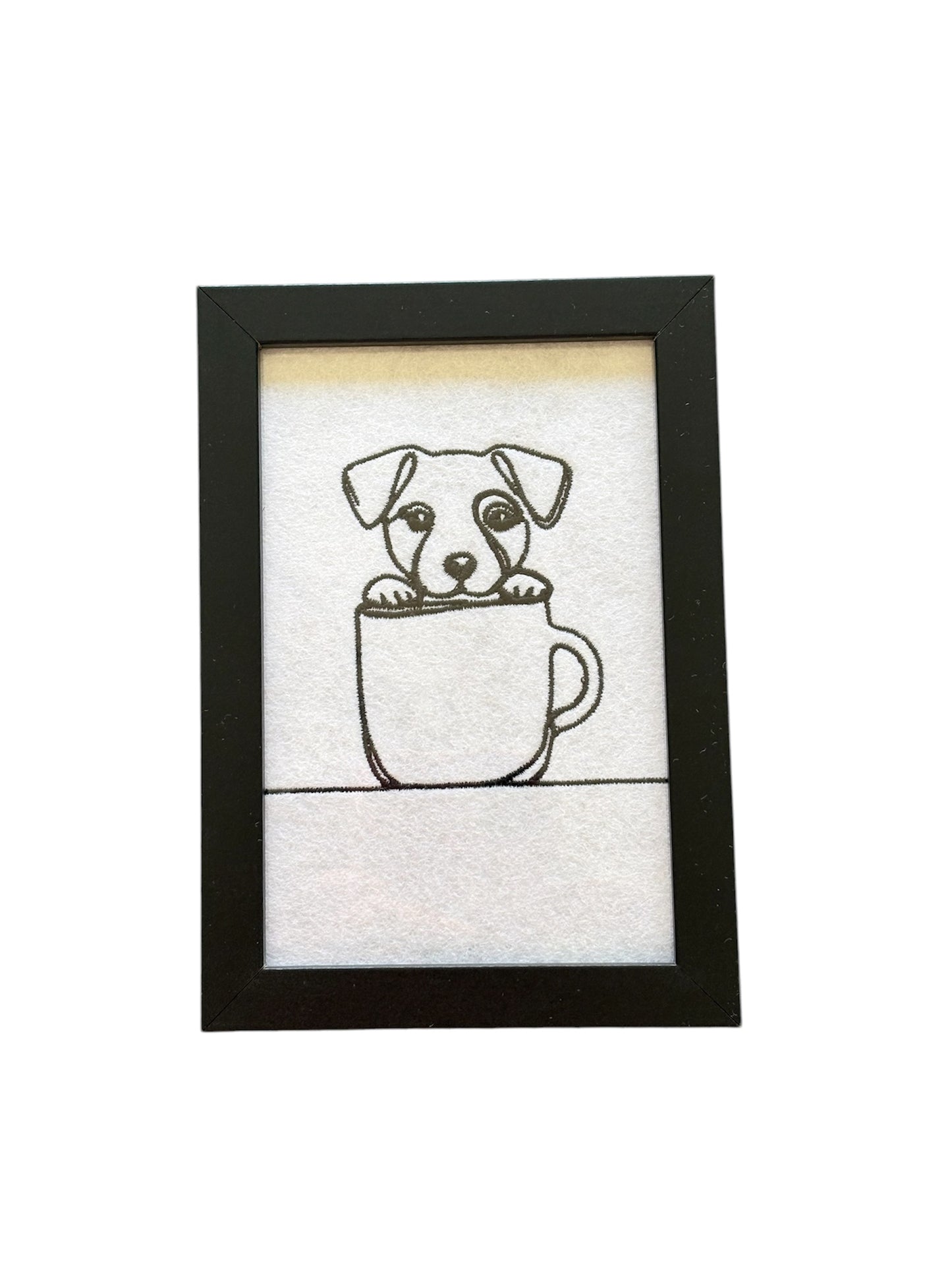 Handmade machine embroidered Jack Russell dog in a tea cup, embroidered on white felt.  This would be an ideal Dog Lovers Gift idea.  Who could resist this cute black silhouette sketch style Jack Russell, mounted in a black frame. 
