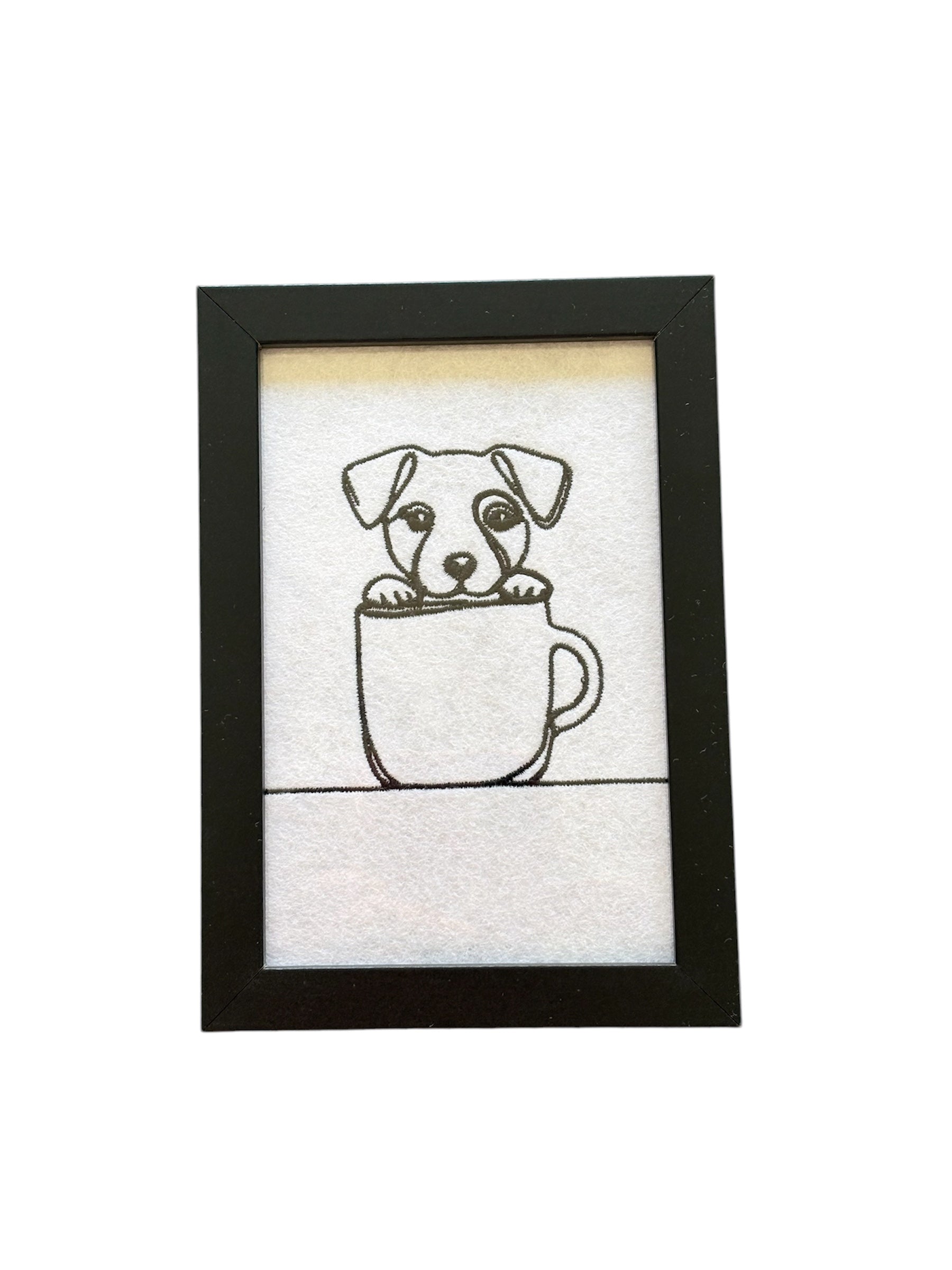 Handmade machine embroidered Jack Russell dog in a tea cup, embroidered on white felt.  This would be an ideal Dog Lovers Gift idea.  Who could resist this cute black silhouette sketch style Jack Russell, mounted in a black frame. 