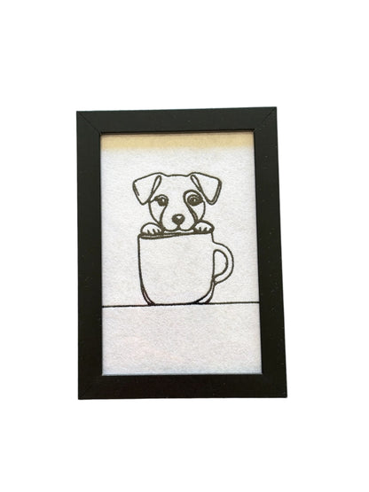 Handmade machine embroidered Jack Russell dog in a tea cup, embroidered on white felt.  This would be an ideal Dog Lovers Gift idea.  Who could resist this cute black silhouette sketch style Jack Russell, mounted in a black frame. 