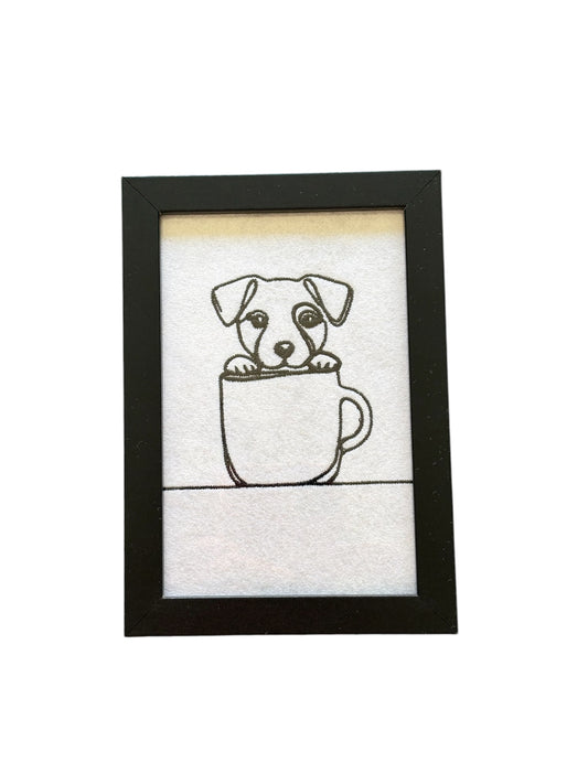 Handmade machine embroidered Jack Russell dog in a tea cup, embroidered on white felt.  This would be an ideal Dog Lovers Gift idea.  Who could resist this cute black silhouette sketch style Jack Russell, mounted in a black frame. 