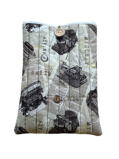 Handmade padded Book Pouch, made with Cat Tales Typewriter vintage style fabric, with elastic and button closure.