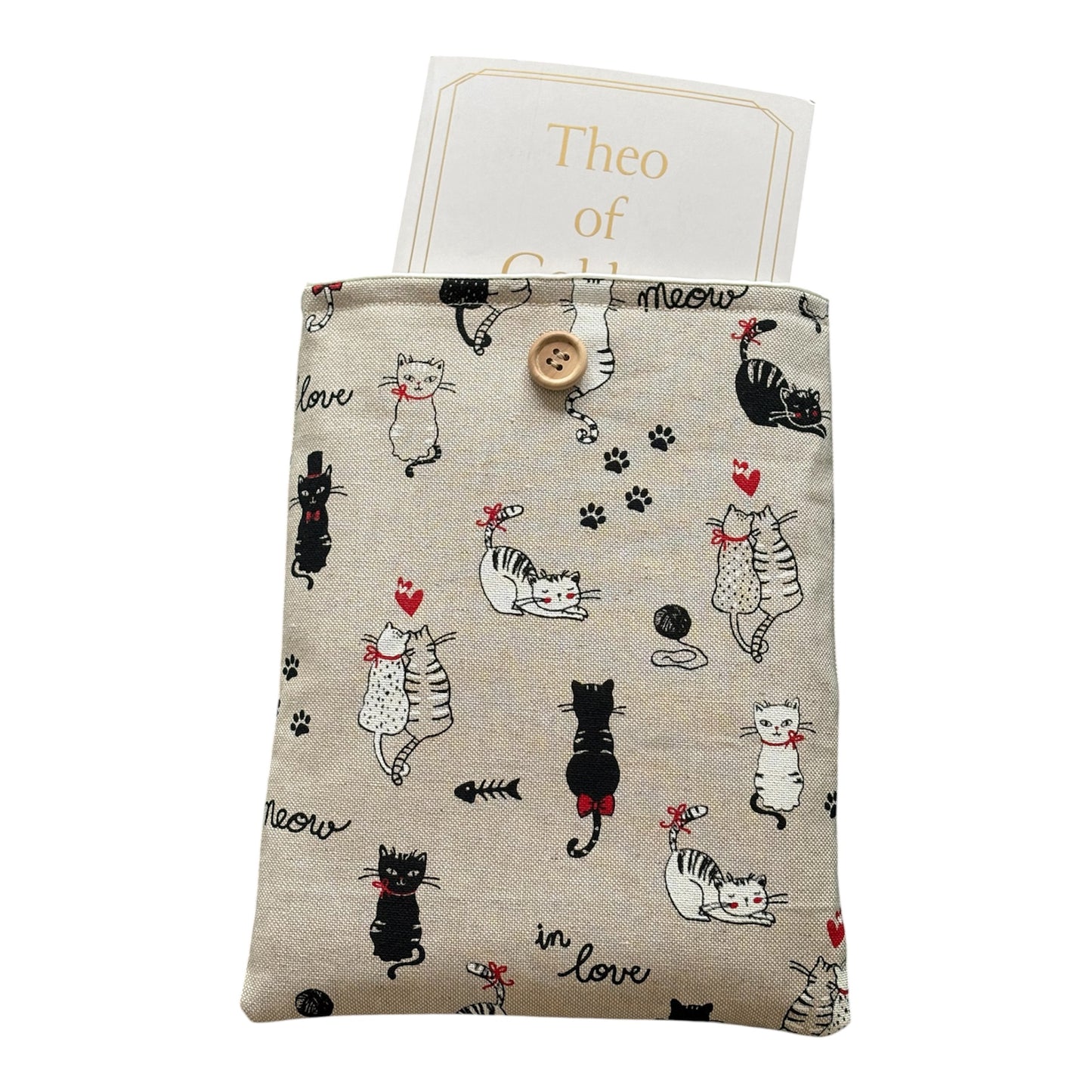 Handmade Padded Cats Fabric Book Pouch, Book Lovers Gift, Book Cover, Kindle e-Reader Pouch