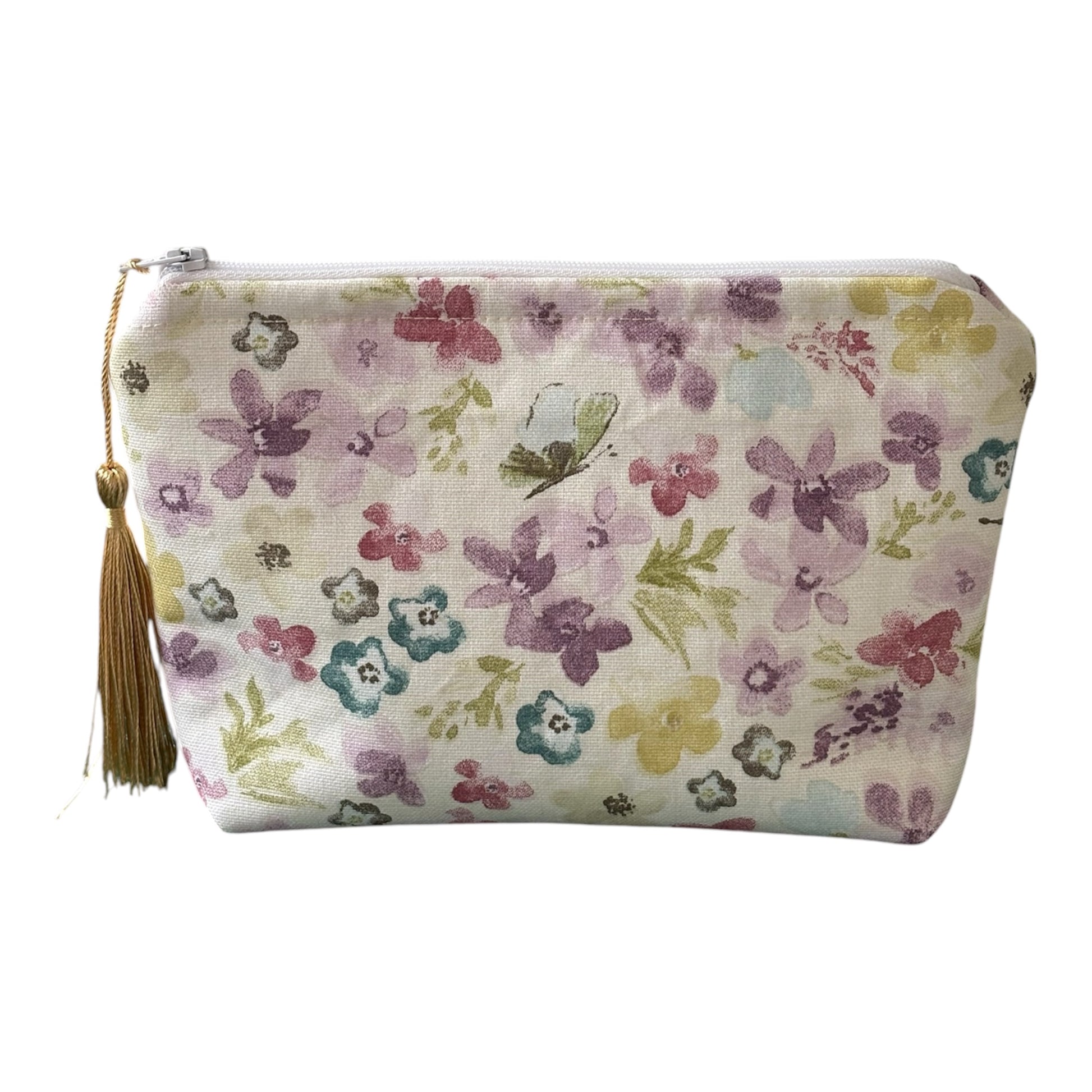 The make up, cosmetic bag has a flat base and is approximately 22cms x 14cms x 5cms.