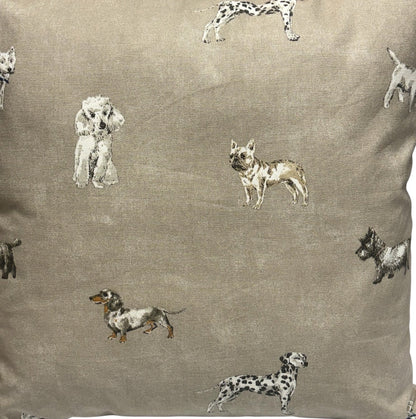 A view of the dog patterned fabric, close up.