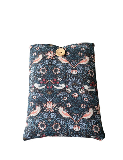 Handmade padded Book Pouch made with blue Strawberry Thief fabric, lined with neutral fabric, padded with fusible wadding and has elastic and button closure.