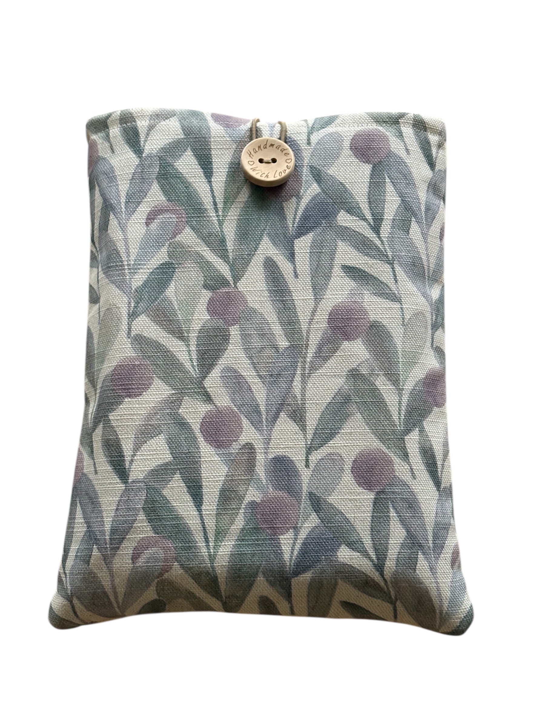 Handmade padded Book Pouch made with Katsura Violet Voyage Maison fabric and has elastic and button fastening.