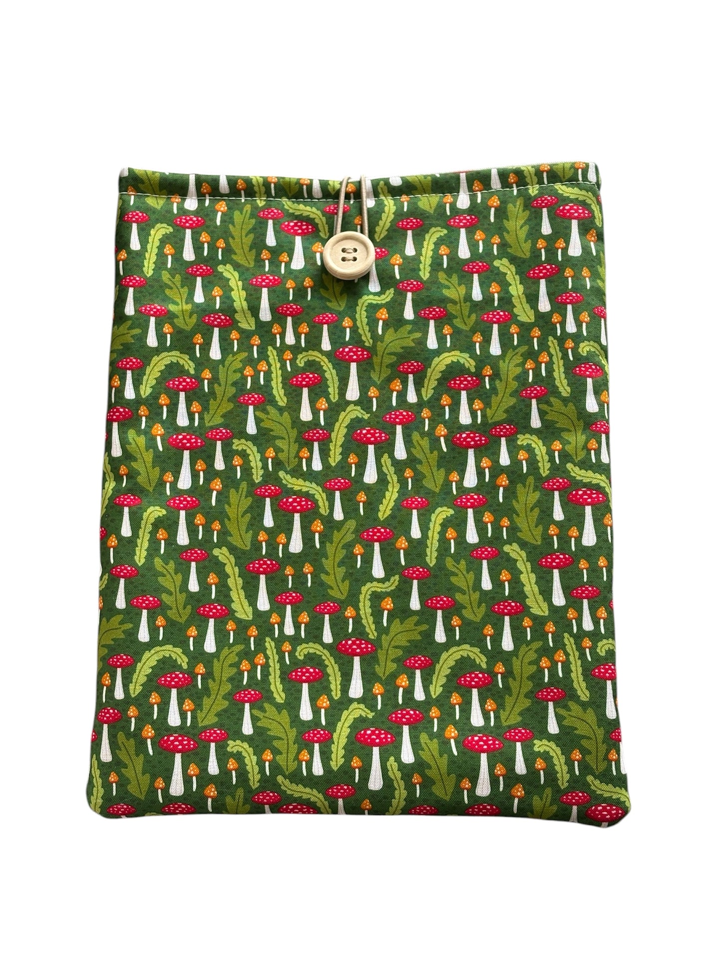 Handmade padded Book Pouch made with colourful Toadstool patterned fabric. 
