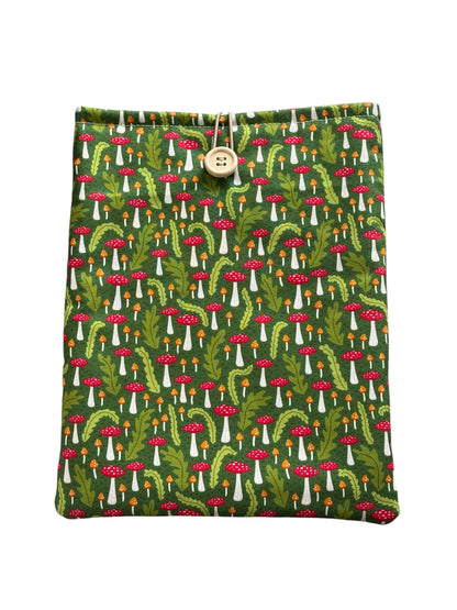 Handmade padded Book Pouch made with colourful Toadstool patterned fabric. 