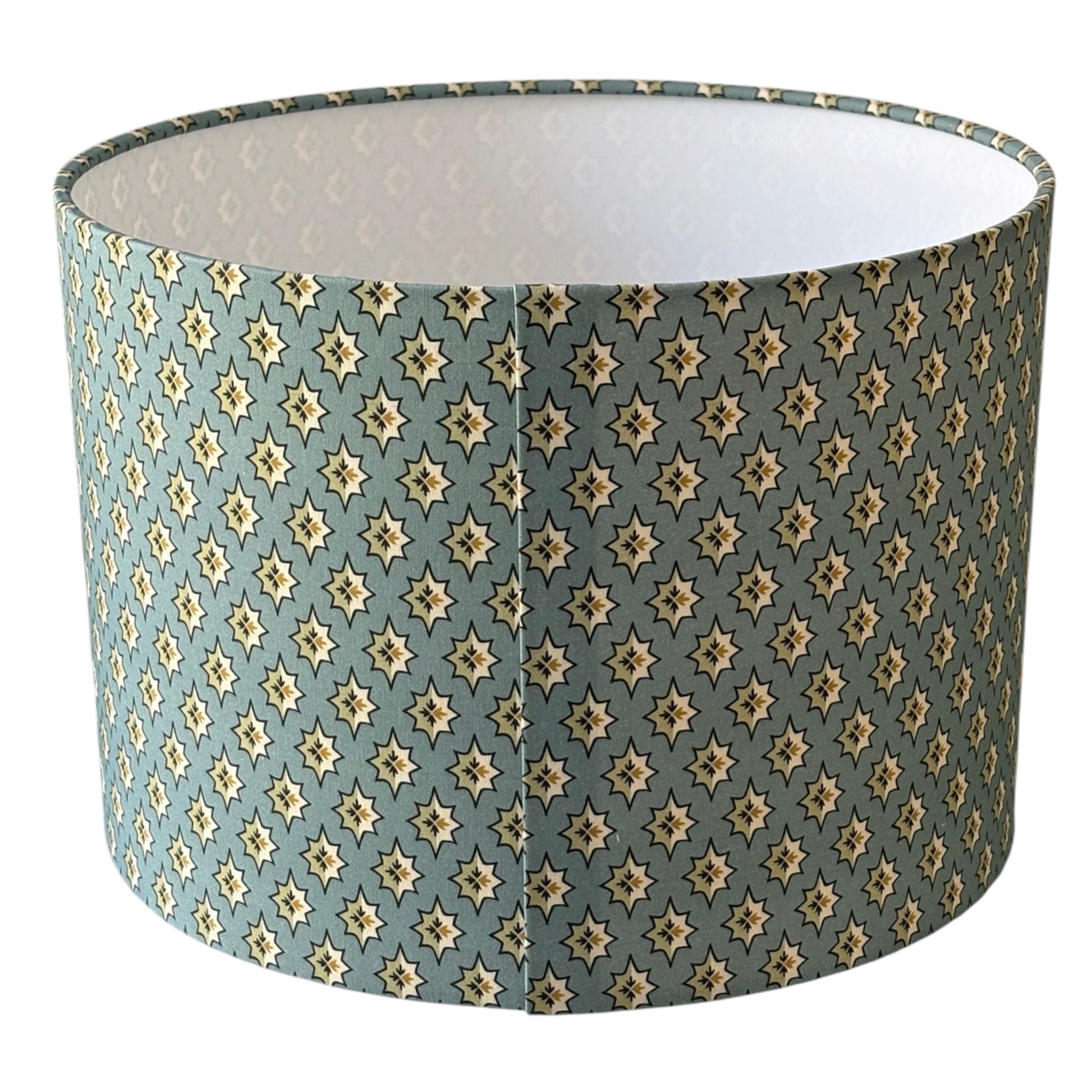 Another photo of the back of the shade and the seam.  The handmade shade is lined with fire retardant white PVC which meets UK Standards and has passed the Lighting Association Glow Wire Test.  It is recommended a low energy or LED bulb is used equivalent to a maximum of 60 watts.