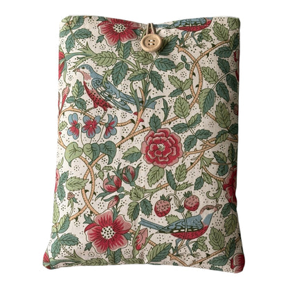 Handmade padded Book Pouch made with Liberty William Morris fabric which has a bird and botanical theme.  The Book Cover would be an ideal Book Lovers Gift to protect books from wear and tear whilst being carried on the go.  The Book Pouch is approximately 9 inches by 7 inches and would offer protection for a Kindle but check the measurement of the device prior to placing an order.
