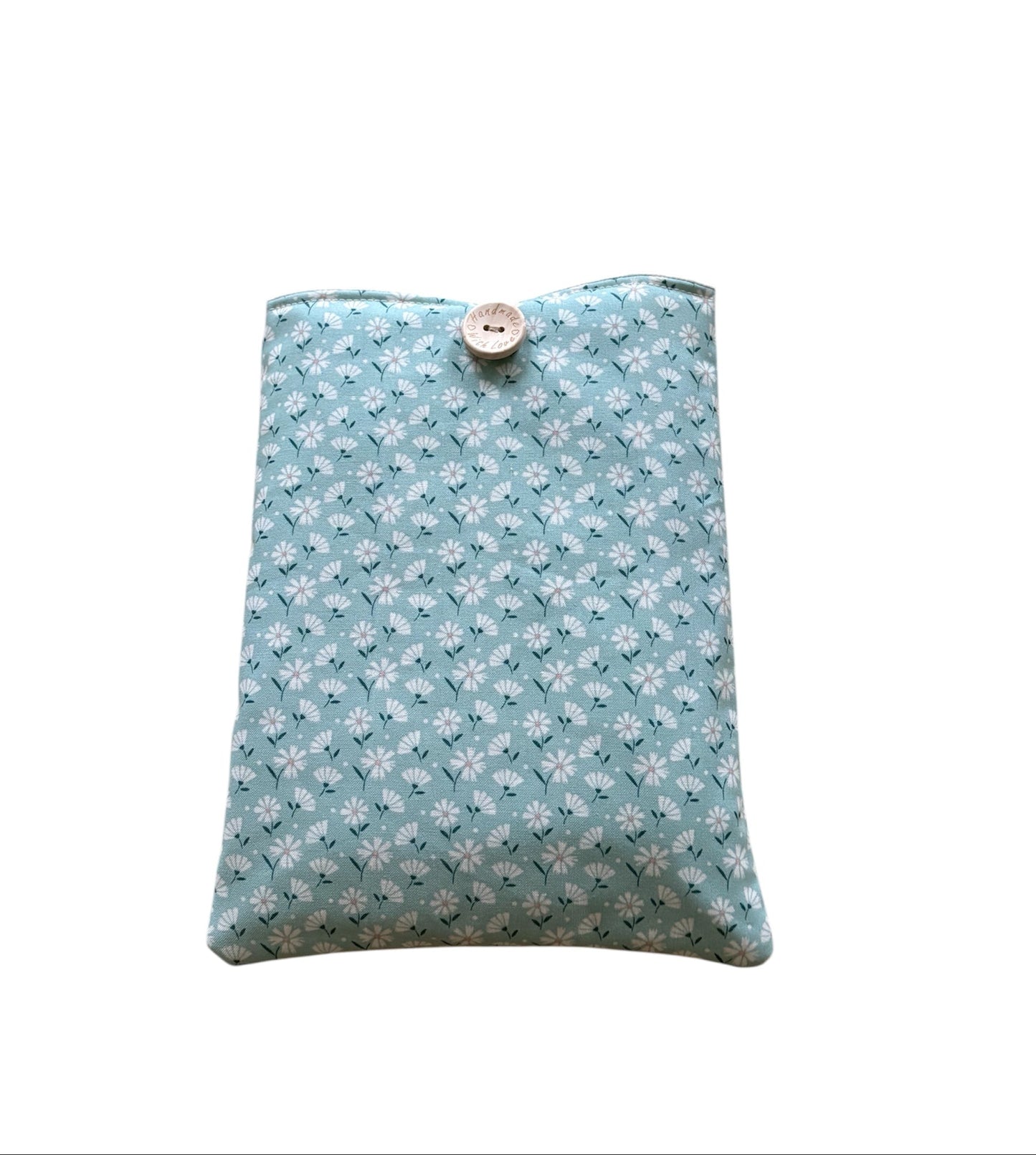 Handmade padded Daisy patterned fabric Book Pouch, being an ideal Book Lovers Gift. 
