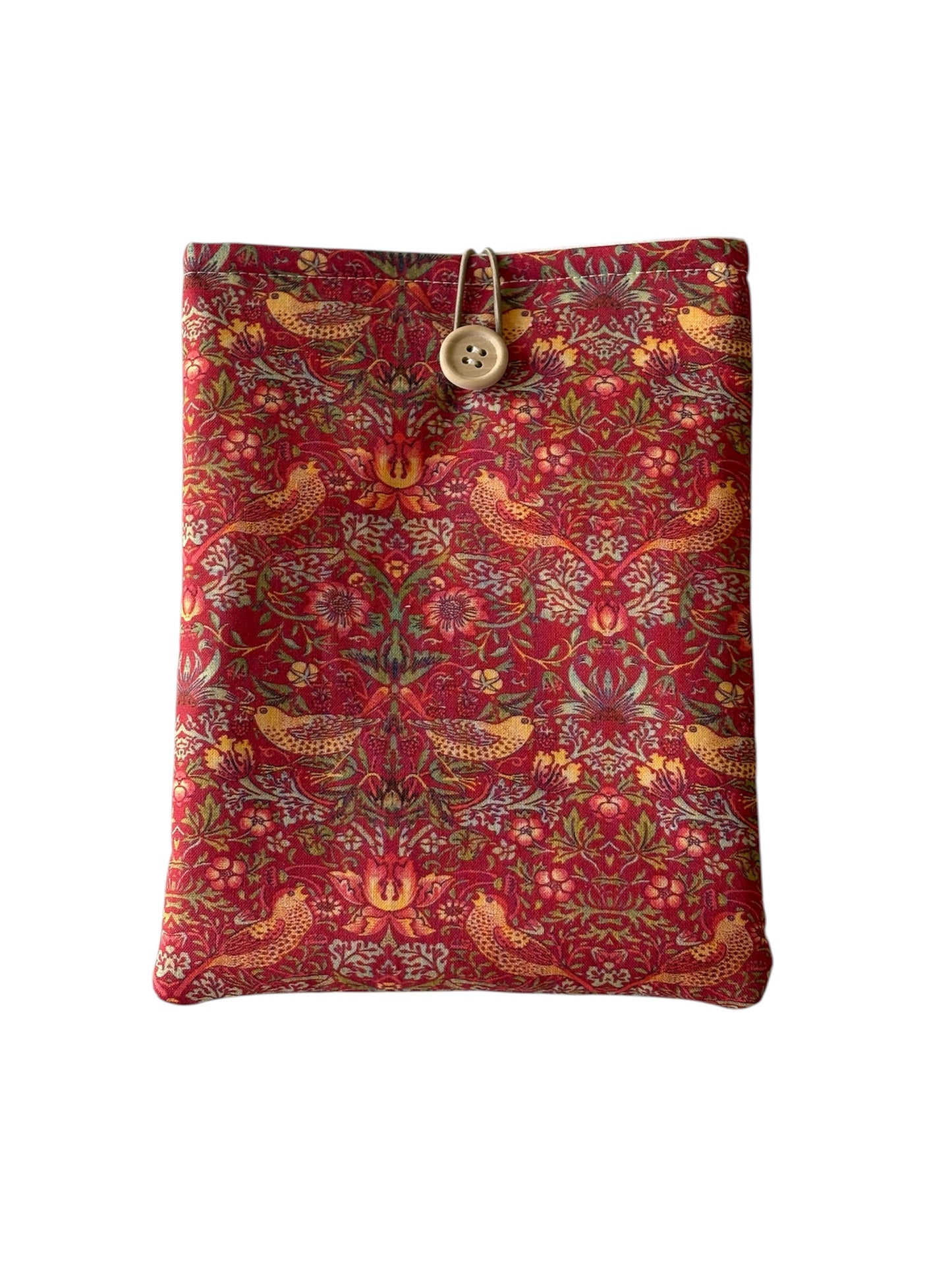 Handmade Padded Red Strawberry Thief Fabric Book Pouch, Book Lovers Gift, Kindle e-Reader Cover